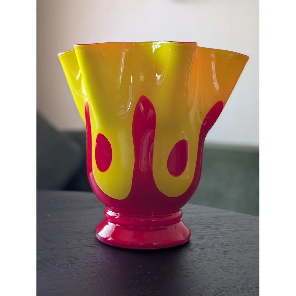 Vintage Yellow Red Ruffled Handkerchief Glass Vase Large Midcentury Modern Art